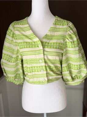 Self Contrast Women’s Blouse Green/Cream Puff Sleeve Crop Blouse Size XS NWT